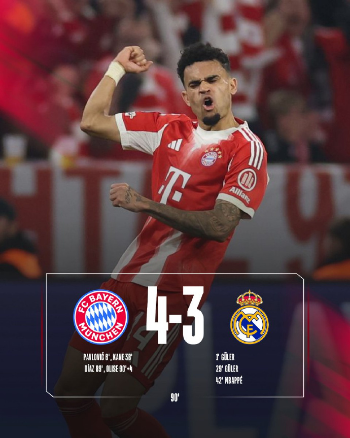 拜仁4比3皇马；阿森纳0比0葡体！